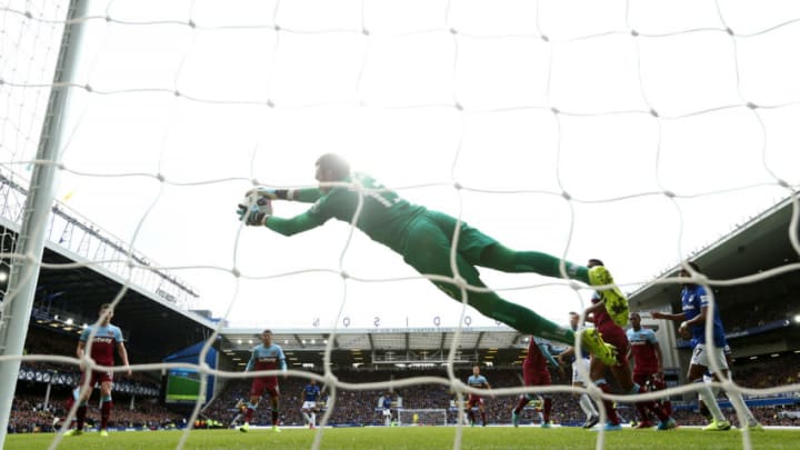 LIVERPOOL, ENGLAND - OCTOBER 19: Roberto of West Ham United saves the ball during the Premier League match between Everton FC and West Ham United at Goodison Park on October 19, 2019 in Liverpool, United Kingdom. (Photo by Jan Kruger/Getty Images)