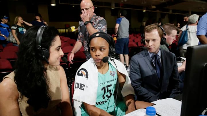 WHITE PLAINS, NY - JUNE 19: Brittany Boyd #15 of the New York Liberty talks to the media after the game against the Atlanta Dream on June 19, 2018 at Westchester County Center in White Plains, New York. NOTE TO USER: User expressly acknowledges and agrees that, by downloading and or using this photograph, User is consenting to the terms and conditions of the Getty Images License Agreement. Mandatory Copyright Notice: Copyright 2018 NBAE (Photo by Steve Freeman/NBAE via Getty Images)