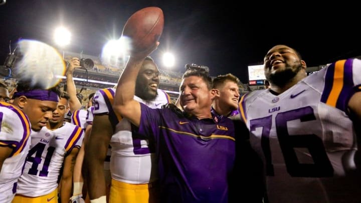 Oct 1, 2016; Baton Rouge, LA, USA; LSU Tigers interim head coach Ed Orgeron celebrates following a win in his first game against the Missouri Tigers at Tiger Stadium. LSU defeated Missouri 42-7. Mandatory Credit: Derick E. Hingle-USA TODAY Sports