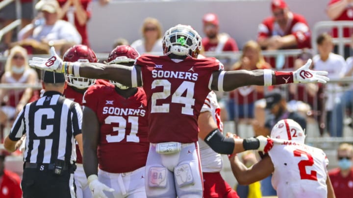 Sep 18, 2021; Norman, Oklahoma, USA; Oklahoma Sooners linebacker Brian Asamoah (24) reacts during the fourth quarter against the Nebraska Cornhuskers at Gaylord Family-Oklahoma Memorial Stadium. Mandatory Credit: Kevin Jairaj-USA TODAY Sports
