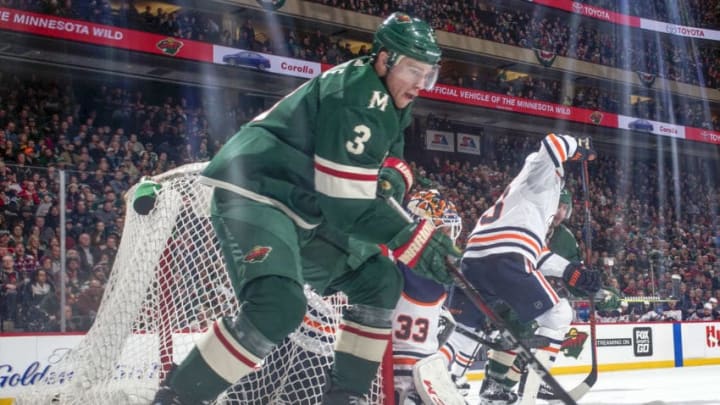 ST. PAUL, MN - APRIL 2: Charlie Coyle #3 of the Minnesota Wild handles the puck against the Edmonton Oilers during the game at the Xcel Energy Center on April 2, 2018 in St. Paul, Minnesota. (Photo by Bruce Kluckhohn/NHLI via Getty Images)