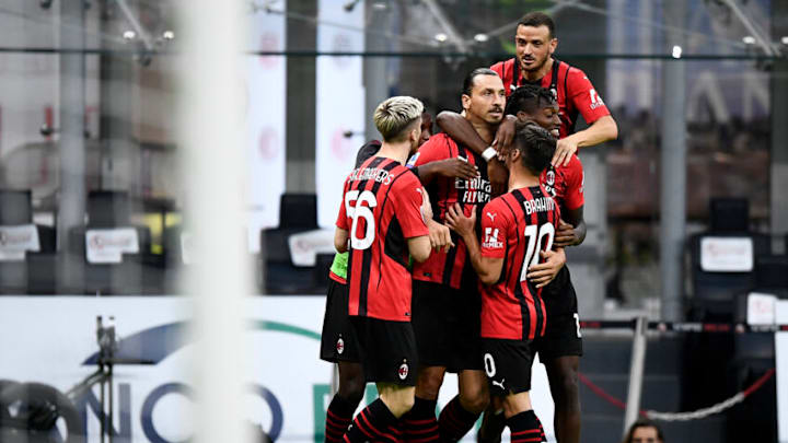 STADIO GIUSEPPE MEAZZA, MILAN, ITALY - 2021/09/12: Zlatan Ibrahimovic of AC Milan celebrates with his teammates after scoring a goal during the Serie A football match between AC Milan and SS Lazio. AC Milan won 2-0 over SS Lazio. (Photo by Nicolò Campo/LightRocket via Getty Images)