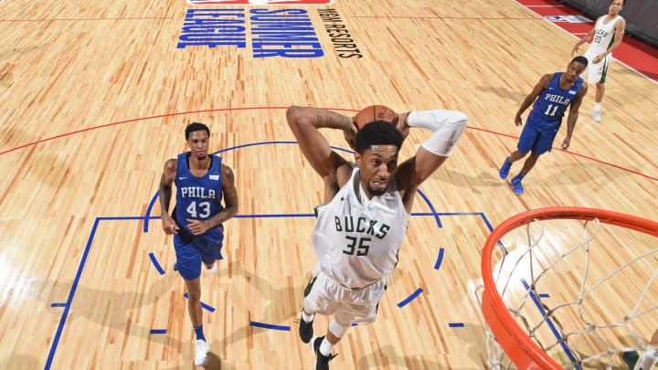 LAS VEGAS, NV – JULY 15: Christian Wood #35 of the Milwaukee Bucks dunks the ball against the the Philadelphia 76ers during the 2018 Las Vegas Summer League on July 15, 2018 at the Thomas & Mack Center in Las Vegas, Nevada. NOTE TO USER: User expressly acknowledges and agrees that, by downloading and/or using this photograph, user is consenting to the terms and conditions of the Getty Images License Agreement. Mandatory Copyright Notice: Copyright 2018 NBAE (Photo by Garrett Ellwood/NBAE via Getty Images)