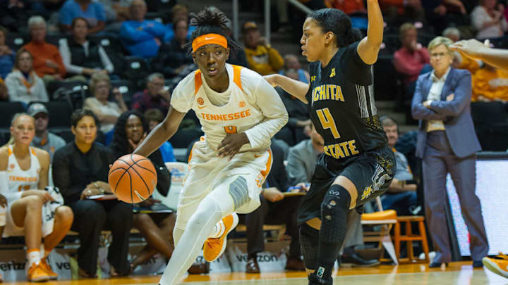 KNOXVILLE, TN - NOVEMBER 20: Tennessee Lady Volunteers guard/forward Rennia Davis (0) drives past Wichita State Shockers guard Diamond Lockhart (4) during a game between the Wichita State Shockers and Tennessee Lady Volunteers on November 20, 2017, at Thompson-Boling Arena in Knoxville, TN. Tennessee defeated the Shockers 68-56. (Photo by Bryan Lynn/Icon Sportswire via Getty Images)