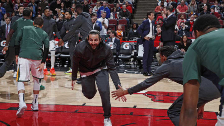 CHICAGO, IL - MARCH 23: Ricky Rubio #3 of the Utah Jazz smiles prior to a game against the Chicago Bulls on March 23, 2019 at United Center in Chicago, Illinois. NOTE TO USER: User expressly acknowledges and agrees that, by downloading and or using this photograph, User is consenting to the terms and conditions of the Getty Images License Agreement. Mandatory Copyright Notice: Copyright 2019 NBAE (Photo by Jeff Haynes/NBAE via Getty Images)