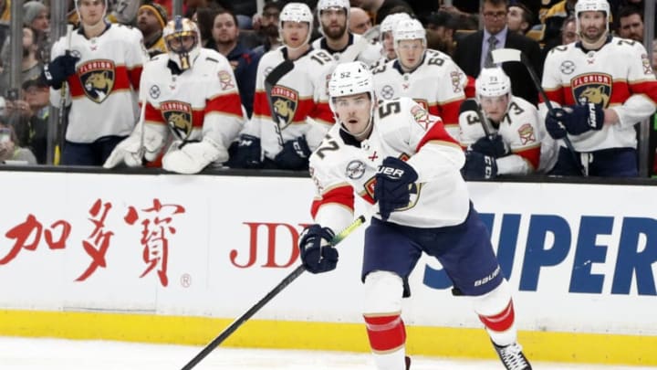 BOSTON, MA - MARCH 07: Florida Panthers defenseman Mackenzie Weegar (52) passes during a game between the Boston Bruins and the Florida Panthers on March 7, 2019, at TD Garden in Boston, Massachusetts. (Photo by Fred Kfoury III/Icon Sportswire via Getty Images)