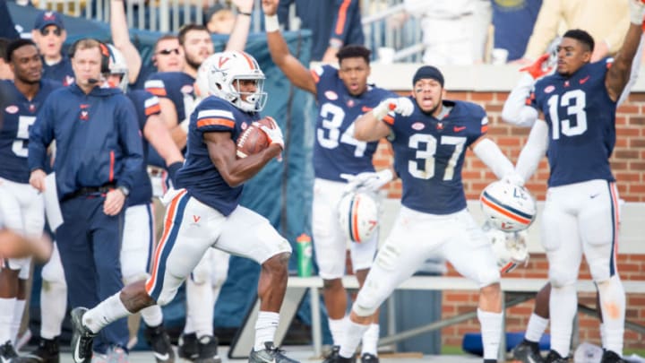 ATLANTA, GA - NOVEMBER 17: Wide receiver Joe Reed #2 of the Virginia Cavaliers runs the ball down the sidelines during the first quarter of their game against the Georgia Tech Yellow Jackets at Bobby Dodd Stadium on November 17, 2018 in Atlanta, Georgia. (Photo by Michael Chang/Getty Images)