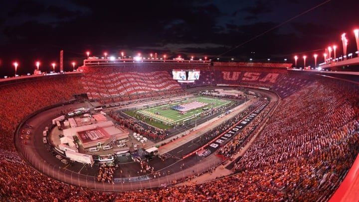 Sep 10, 2016; Bristol, TN, USA; General view of Bristol Motor Speedway during the national anthem before the Battle at Bristol game between the Virginia Tech Hokies and Tennessee Volunteers. Mandatory Credit: Christopher Hanewinckel-USA TODAY Sports