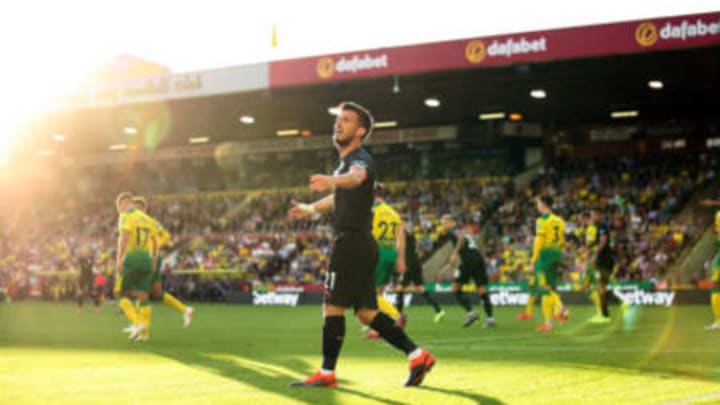NORWICH, ENGLAND – SEPTEMBER 14: David Silva of Manchester City reacts during the Premier League match between Norwich City and Manchester City at Carrow Road on September 14, 2019 in Norwich, United Kingdom. (Photo by Marc Atkins/Getty Images)