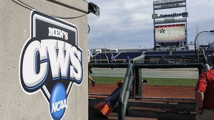 Jun 23, 2015; Omaha, NE, USA; General view of the CWS logo and field before the game between the Vanderbilt Commodores and Virginia Cavaliers in game two of the College World Series Finals at TD Ameritrade Park. Mandatory Credit: Steven Branscombe-USA TODAY Sports