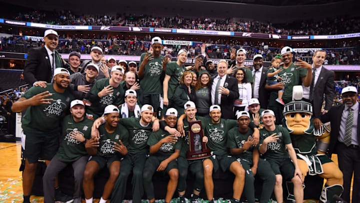 WASHINGTON, DC - MARCH 31: The Michigan State Spartans celebrate their victory over the Duke Blue Devils in the Elite Eight round of the 2019 NCAA Men's Basketball Tournament held at Capital One Arena on March 31, 2019 in Washington, DC. (Photo by Jamie Schwaberow/NCAA Photos via Getty Images)