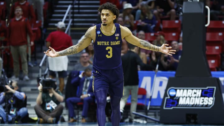 SAN DIEGO, CALIFORNIA – MARCH 18: Prentiss Hubb #3 of the Notre Dame Fighting Irish celebrates a three pointer against the Alabama Crimson Tide during the second half in the first round game of the 2022 NCAA Men’s Basketball Tournament at Viejas Arena at San Diego State University on March 18, 2022 in San Diego, California. (Photo by Ronald Martinez/Getty Images)