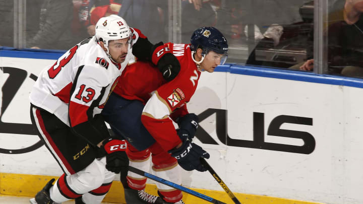 Nick Paul #13 of the Ottawa Senators and Josh Brown #2 of the Florida Panthers (Photo by Joel Auerbach/Getty Images)