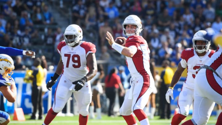 CARSON, CA - NOVEMBER 25: Quarterback Josh Rosen #3 of the Arizona Cardinals prepares to make a touchdown pass to wide receiver Larry Fitzgerald #11 in the first quarter at StubHub Center on November 25, 2018 in Carson, California. (Photo by Harry How/Getty Images)