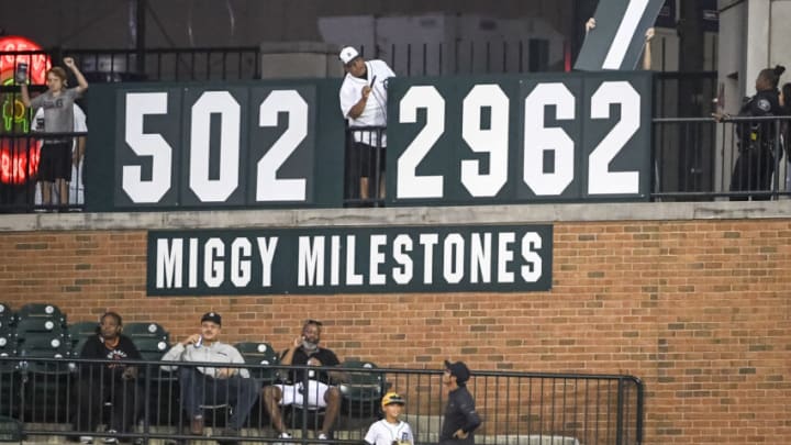 DETROIT, MICHIGAN - SEPTEMBER 01: The milestones for Miguel Cabrera #24 of the Detroit Tigers are adjusted after he hit a two-run home run against the Oakland Athletics during the bottom of the fourth inning at Comerica Park on September 01, 2021 in Detroit, Michigan. (Photo by Nic Antaya/Getty Images)