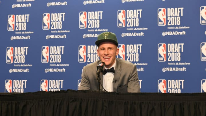 BROOKLYN, NY - JUNE 21: Donte DiVincenzo speaks to the media after being selected seventeenth overall by the Milwaukee Bucks at the 2018 NBA Draft on June 21, 2018 at the Barclays Center in Brooklyn, New York. NOTE TO USER: User expressly acknowledges and agrees that, by downloading and/or using this photograph, user is consenting to the terms and conditions of the Getty Images License Agreement. Mandatory Copyright Notice: Copyright 2018 NBAE (Photo by Kostas Lymperopoulos/NBAE via Getty Images)