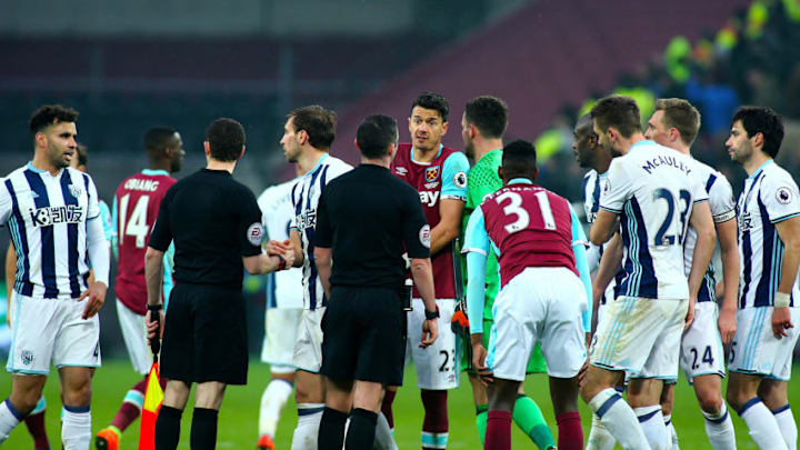 February 11th 2017, London Stadium, London, England, Premier League football, West Ham versus West Bromwich Albion; Jose Fonte of West Ham appeals to Referee Michael Oliver at full time, regarding West Brom's late equaliser (Photo by Mark Kerton/Action Plus via Getty Images)