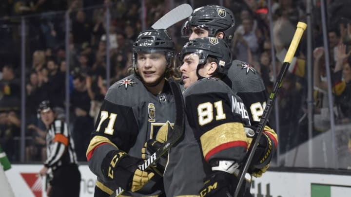LAS VEGAS, NV – MARCH 30: Jonathan Marchessault #81 celebrates his goal with teammates William Karlsson #71 and Alex Tuch #89 of the Vegas Golden Knights against the St. Louis Blues during the game at T-Mobile Arena on March 30, 2018, in Las Vegas, Nevada. (Photo by David Becker/NHLI via Getty Images)