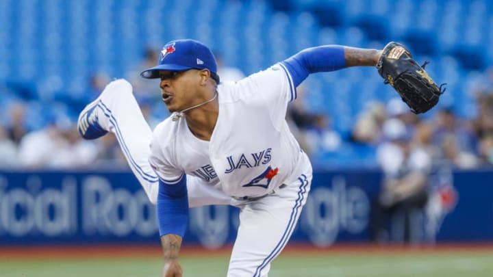 TORONTO, ONTARIO - JULY 24: Marcus Stroman #6 of the Toronto Blue Jays pitches against the Cleveland Indians in the third inning during their MLB game at the Rogers Centre on July 24, 2019 in Toronto, Canada. (Photo by Mark Blinch/Getty Images)