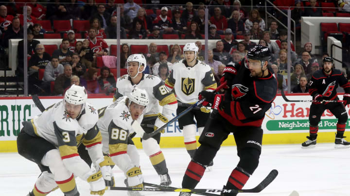 RALEIGH, NC – FEBRUARY 01: Nino Niederreiter #21 of the Carolina Hurricanes shoots and scores during an NHL game against the Vegas Golden Knights on February 1, 2019 at PNC Arena in Raleigh, North Carolina. (Photo by Gregg Forwerck/NHLI via Getty Images)