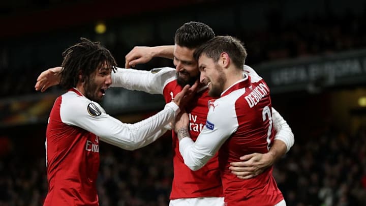 LONDON, ENGLAND - DECEMBER 07: Olivier Giroud of Arsenal celebrates after scoring his teams fifth goal of the game from the penalty spot during the UEFA Europa League group H match between Arsenal FC and BATE Borisov at Emirates Stadium on December 7, 2017 in London, United Kingdom. (Photo by Matthew Lewis/Getty Images)