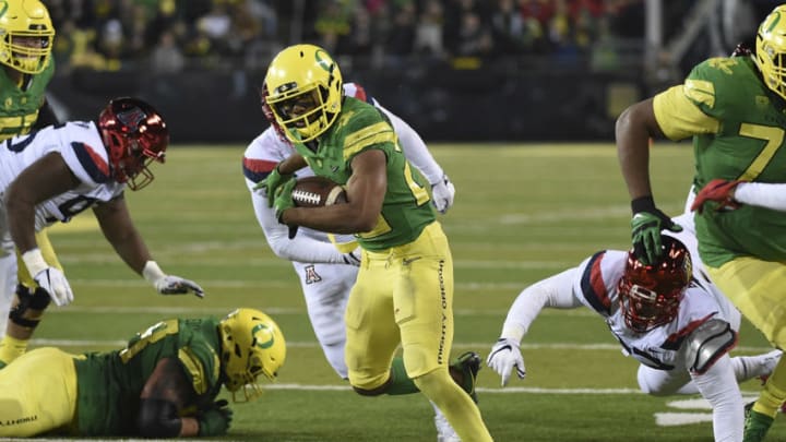 EUGENE, OR - NOVEMBER 18: Running back Tony Brooks-James #20 of the Oregon Ducks runs with the ball during the second half of the game against the Arizona Wildcats at Autzen Stadium on November 18, 2017 in Eugene, Oregon. The Ducks won the game 48-28. (Photo by Steve Dykes/Getty Images)