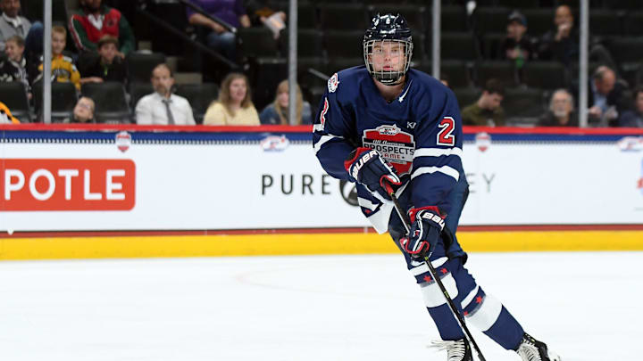 ST. PAUL, MN – SEPTEMBER 19: Team Leopold defenseman Cam York (2) skates with the puck during the USA Hockey All-American Prospects Game between Team Leopold and Team Langenbrunner on September 19, 2018 at Xcel Energy Center in St. Paul, MN. Team Leopold defeated Team Langenbrunner 6-4.(Photo by Nick Wosika/Icon Sportswire via Getty Images)