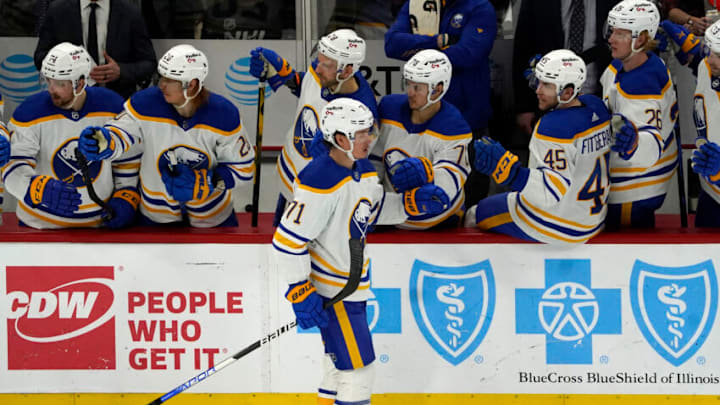 Mar 28, 2022; Chicago, Illinois, USA; Buffalo Sabres left wing Victor Olofsson (71) celebrates his goal against the Chicago Blackhawks during the second period at United Center. Mandatory Credit: David Banks-USA TODAY Sports