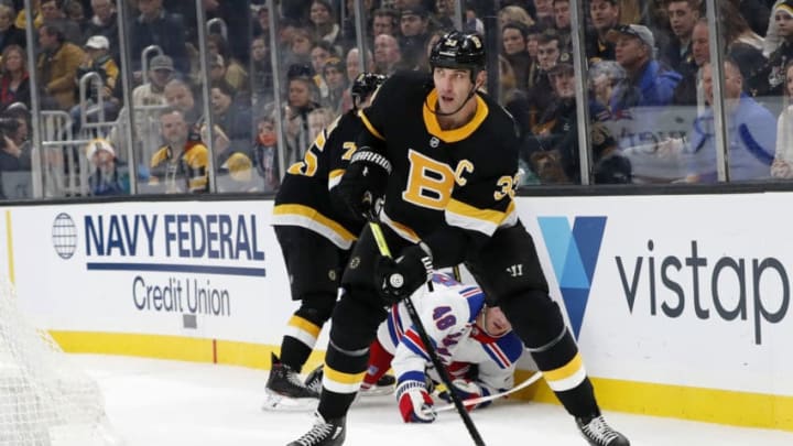 BOSTON, MA - NOVEMBER 29: Boston Bruins left defenseman Zdeno Chara (33) looks to clear the puck during a game between the Boston Bruins and the New York Rangers on November 29, 2019, at TD Garden in Boston, Massachusetts. (Photo by Fred Kfoury III/Icon Sportswire via Getty Images)