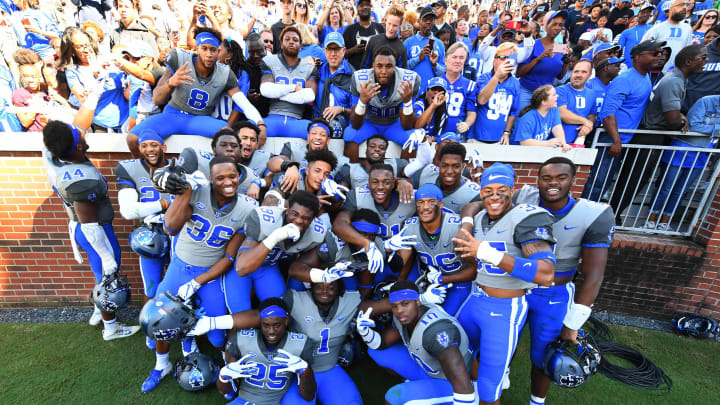 ATLANTA, GA – OCTOBER 13: Members of the Duke Blue Devils celebrate after the game against the Georgia Tech Yellow Jackets on October 13, 2018 in Atlanta, Georgia. (Photo by Scott Cunningham/Getty Images)