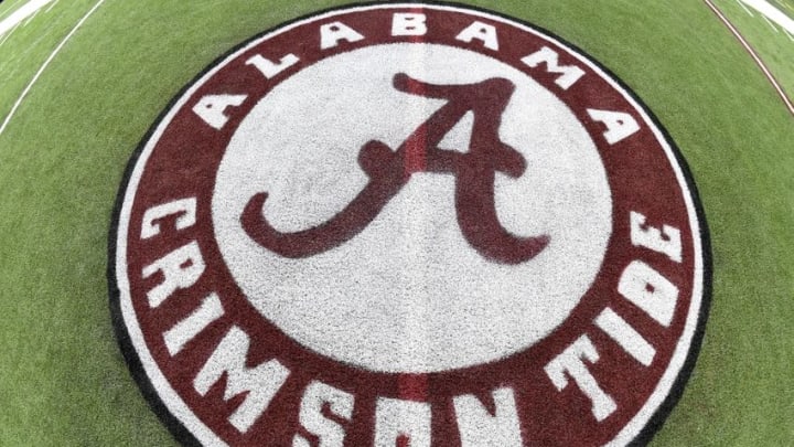 Dec 4, 2015; Atlanta, GA, USA; The Alabama Crimson Tide logo on the playing field at the Georgia Dome in preparation for the SEC Championship Saturday. Mandatory Credit: John David Mercer-USA TODAY Sports