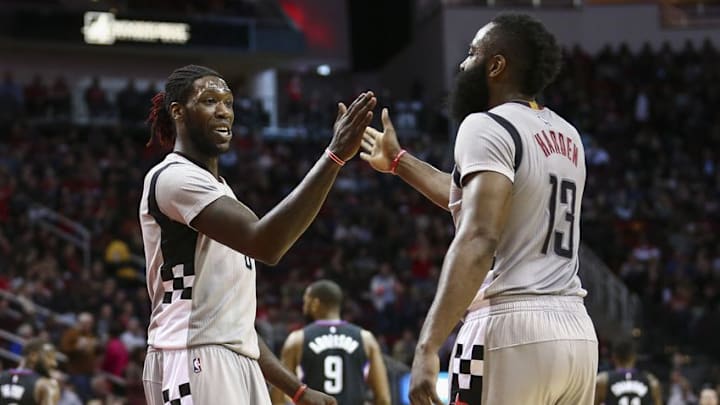 Houston Rockets forward Montrezl Harrell (5) and guard James Harden (13) are both in my FanDuel daily picks lineup for tonight. Mandatory Credit: Troy Taormina-USA TODAY Sports