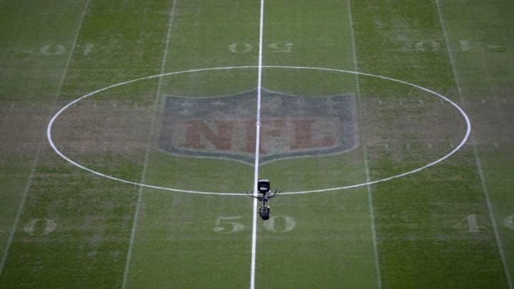LONDON, ENGLAND - OCTOBER 29: The NFL logo is seen on the pitch prior to the Premier League match between Tottenham Hotspur and Manchester City at Tottenham Hotspur Stadium on October 29, 2018 in London, United Kingdom. (Photo by Clive Rose/Getty Images)