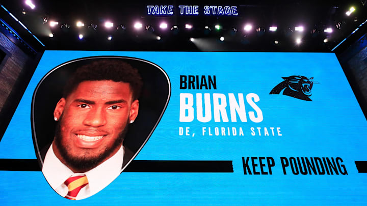 NASHVILLE, TENNESSEE – APRIL 25: A video board displays an image of Brian Burns of Florida State after he was chosen #16 overall by the Carolina Panthers during the first round of the 2019 NFL Draft on April 25, 2019 in Nashville, Tennessee. (Photo by Andy Lyons/Getty Images)