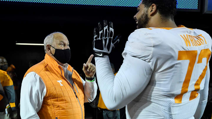 Tennessee athletic director Phillip Fulmer congratulates offensive lineman Darnell Wright (72) after the win over Vanderbilt at Vanderbilt Stadium Saturday, Dec. 12, 2020 in Nashville, Tenn.Gw56788