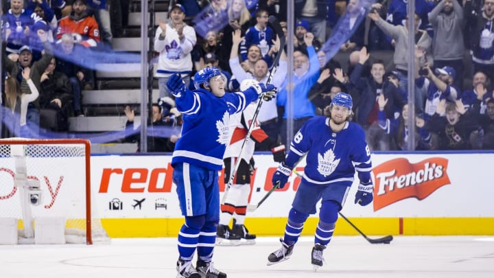 TORONTO, ON – FEBRUARY 1: Mitch Marner #16 of the Toronto Maple Leafs celebrates after scoring the game winning goal against the Ottawa Senators in overtime at the Scotiabank Arena on February 1, 2020 in Toronto, Ontario, Canada. (Photo by Andrew Lahodynskyj/NHLI via Getty Images)