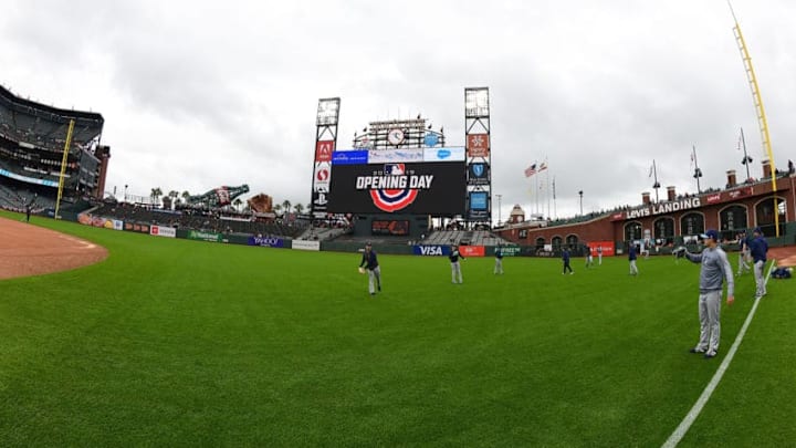 SAN FRANCISCO, CA - APRIL 05: The Tampa Bay Rays warms up prior to the start of a Major League Baseball game against the San Francisco Giants on Opening Day at Oracle Park on April 5, 2019 in San Francisco, California. (Photo by Thearon W. Henderson/Getty Images)