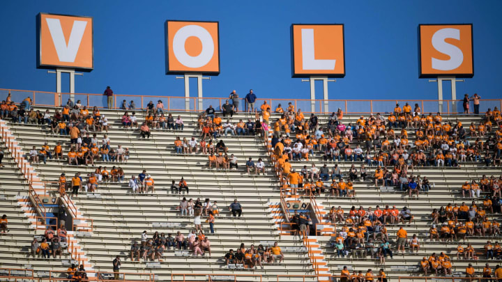 Fans find their seats beneath the newly-installed V-O-L-S letters in the south end zone warm up ahead of a game between Tennessee and Akron at Neyland Stadium in Knoxville, Tenn. on Saturday, Sept. 17, 2022.Kns Utvakron0917