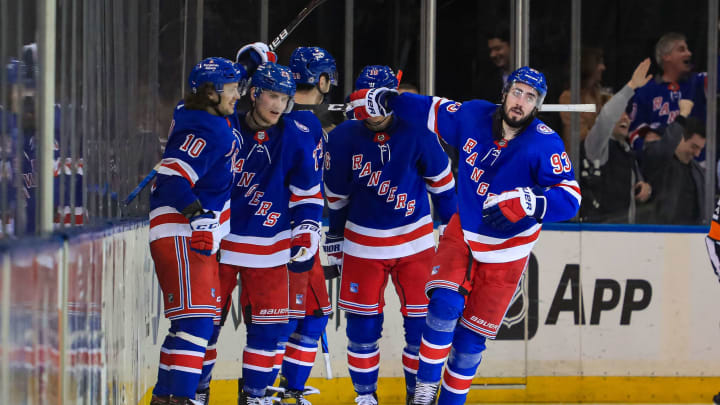 Feb 17, 2022; New York, New York, USA; New York Rangers center Mika Zibanejad (93) celebrates his goal against the Detroit Red Wings during the third period at Madison Square Garden. Mandatory Credit: Danny Wild-USA TODAY Sports