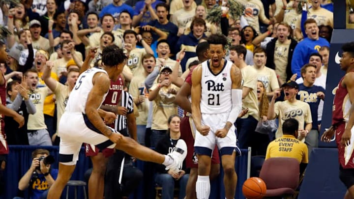 PITTSBURGH, PA - JANUARY 14: Terrell Brown #21 of the Pittsburgh Panthers celebrates after an and one against the Florida State Seminoles at Petersen Events Center on January 14, 2019 in Pittsburgh, Pennsylvania. (Photo by Justin K. Aller/Getty Images)