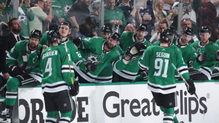 DALLAS, TX - APRIL 29: Miro Heiskanen #4, Tyler Seguin #91 and the Dallas Stars celebrate a goal against the St. Louis Blues in Game Three of the Western Conference Second Round during the 2019 NHL Stanley Cup Playoffs at the American Airlines Center on April 29, 2019 in Dallas, Texas. (Photo by Glenn James/NHLI via Getty Images)