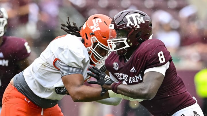 September 03, 2022; College Station, Texas, USA; Texas A&M Aggies defensive lineman Anthony Lucas (8) and Sam Houston State Bearkats offensive lineman Moses Johnson (73) in action during the second half at Kyle Field. Mandatory Credit: Maria Lysaker-USA TODAY Sports