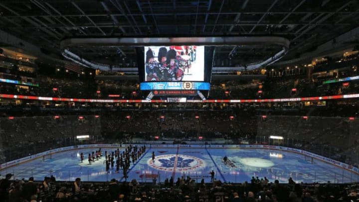 TORONTO, ON - OCTOBER 15: The 100th anniversary ceremonies of the Toronto Maple Leafs to open the season prior to play against the Boston Bruins in an NHL game on October 15, 2016 at the Air Canada Centre in Toronto, Ontario, Canada. The Leafs defeated the Bruins 4-1. (Photo by Claus Andersen/Getty Images)