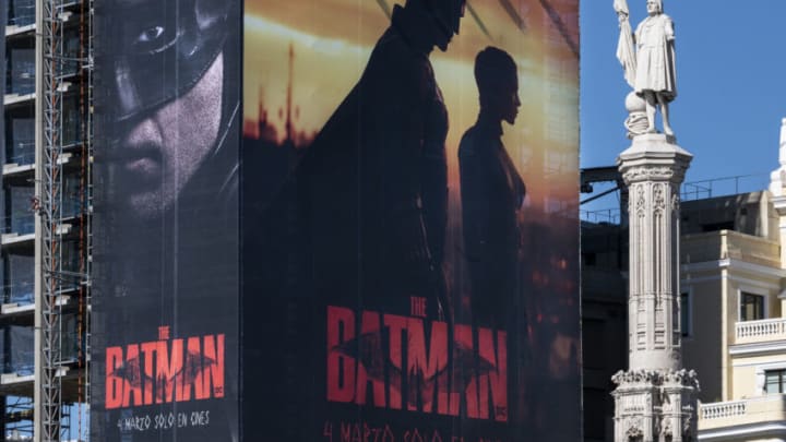 MADRID, SPAIN - 2022/02/28: Street commercial advertisement billboard from Warner Bros and DC comics character, The Batman, movie seen at Plaza de Colon in Madrid. (Photo by Miguel Candela/SOPA Images/LightRocket via Getty Images)