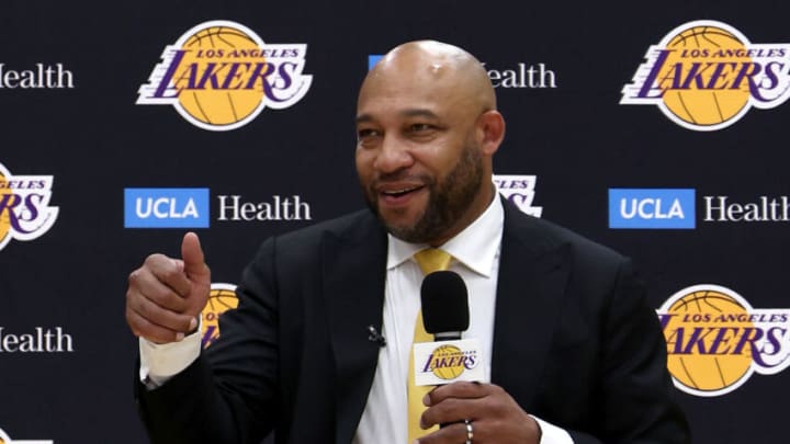 EL SEGUNDO, CALIFORNIA - JUNE 06: Los Angeles Lakers new head coach Darvin Ham speaks during his introductory press conference at UCLA Health Training Center on June 06, 2022 in El Segundo, California. (Photo by Harry How/Getty Images)