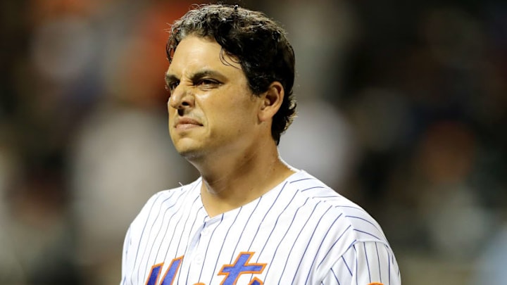NEW YORK, NY - AUGUST 20: Jason Vargas #40 of the New York Mets reacts after flying out to end the 13th inning giving the San Francisco Giants the 2-1 win on August 20, 2018 at Citi Field in the Flushing neighborhood of the Queens borough of New York City. (Photo by Elsa/Getty Images)