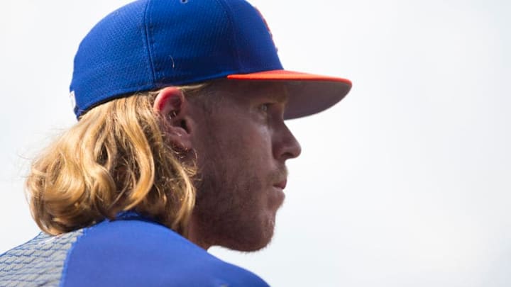 PHILADELPHIA, PA - JUNE 24: Noah Syndergaard #34 of the New York Mets looks on prior to the game against the Philadelphia Phillies at Citizens Bank Park on June 24, 2019 in Philadelphia, Pennsylvania. (Photo by Mitchell Leff/Getty Images)