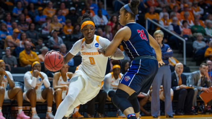 KNOXVILLE, TN – MARCH 16: Tennessee Lady Volunteers guard/forward Rennia Davis (0) drives around Liberty Lady Flames forward Keyen Green (21) during a game between the Tennessee Lady Volunteers and Liberty Lady Flames on March 16, 2018, at Thompson-Boling Arena in Knoxville, TN. Tennessee defeated Liberty 100-60. (Photo by Bryan Lynn/Icon Sportswire via Getty Images)