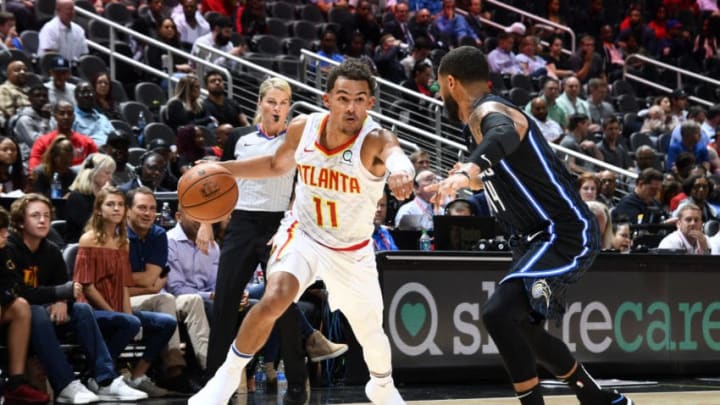 ATLANTA, GA – OCTOBER 9: Trae Young #11 of the Atlanta Hawks drives to the basket against the Orlando Magic during the preseason on October 9, 2019 at State Farm Arena in Atlanta, Georgia. NOTE TO USER: User expressly acknowledges and agrees that, by downloading and/or using this Photograph, user is consenting to the terms and conditions of the Getty Images License Agreement. Mandatory Copyright Notice: Copyright 2019 NBAE (Photo by Scott Cunningham/NBAE via Getty Images)