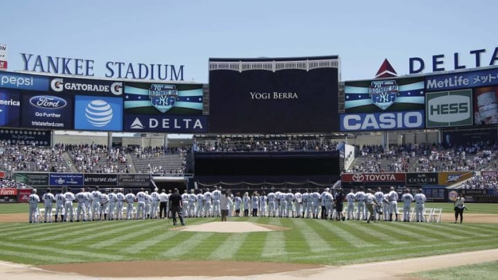 a general view during the Old Timers Day ceremony prior to the game between the Detroit Tigers and New York Yankees at Yankee Stadium.